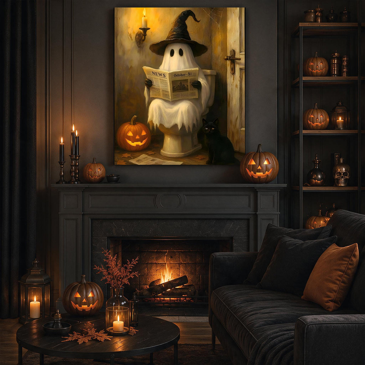 Haunted Newspaper Ghost Halloween Canvas Wall Art