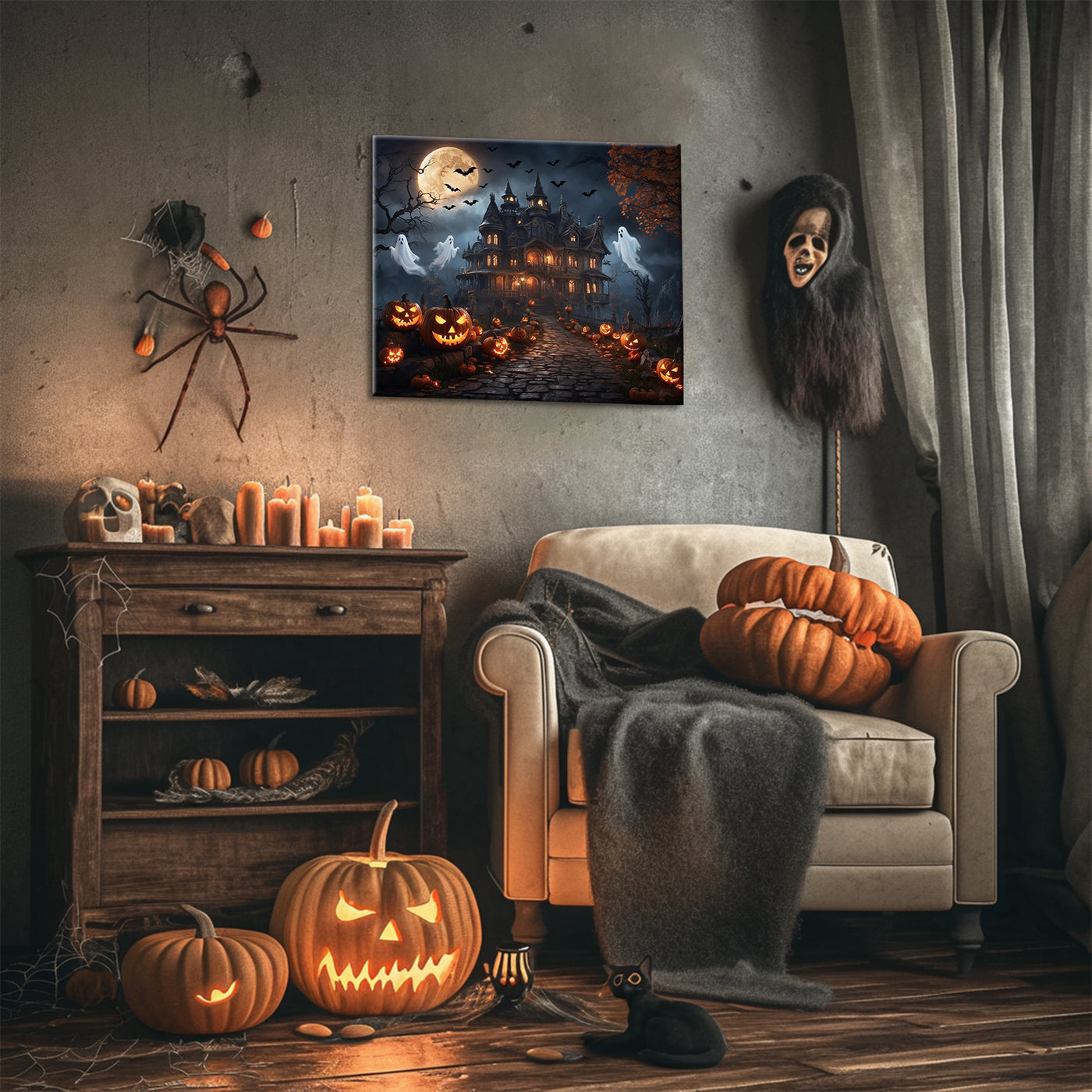 Pumpkinlit Haunted Castle Halloween Canvas Wall Art