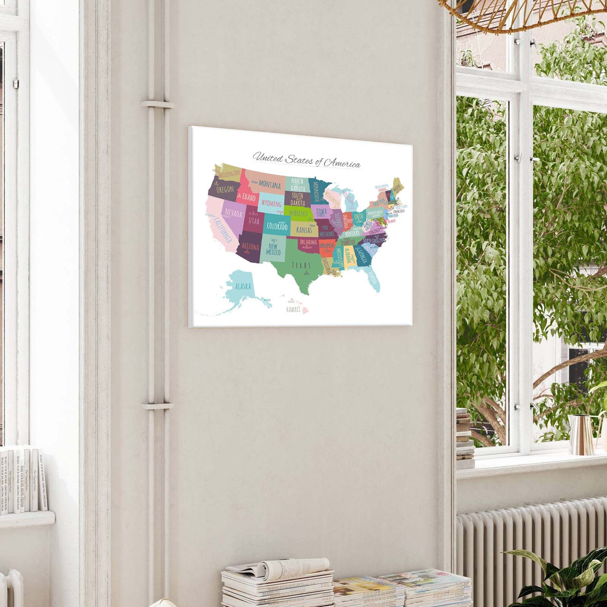 Colorful United States Map Wall Art – USA States and Capitals Canvas Print