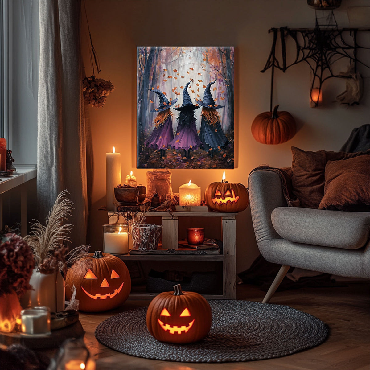 Three Witch Silhouettes Walking Through the Woods Painting Halloween Wall Art