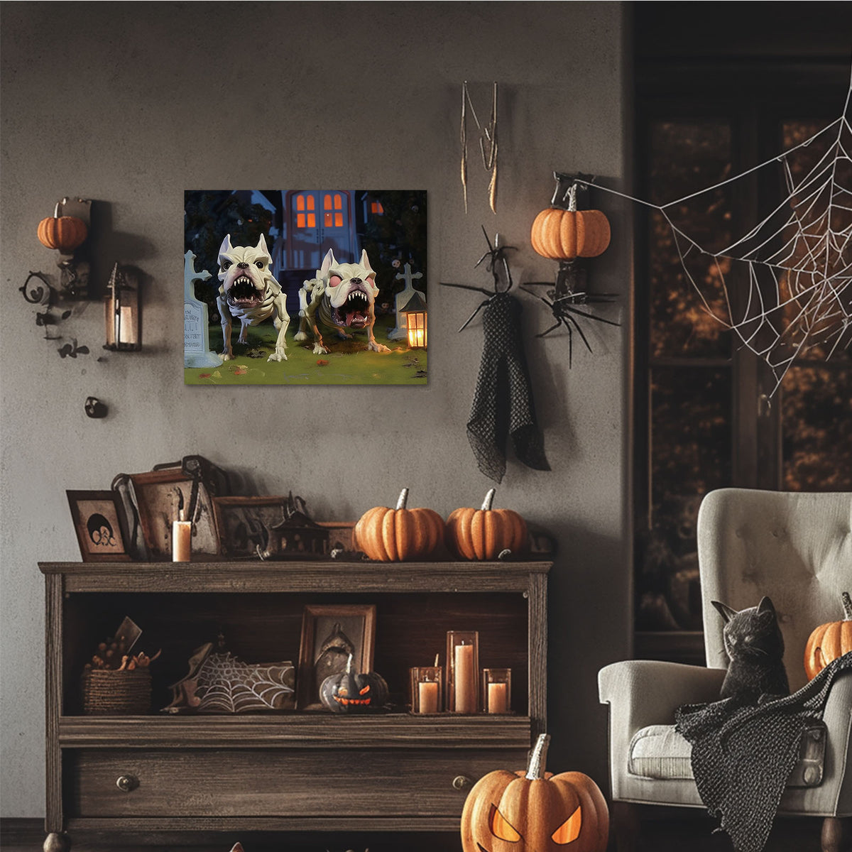 Spooky Skeleton Bulldogs in a Haunted Graveyard Illustration Dogs Wall Art