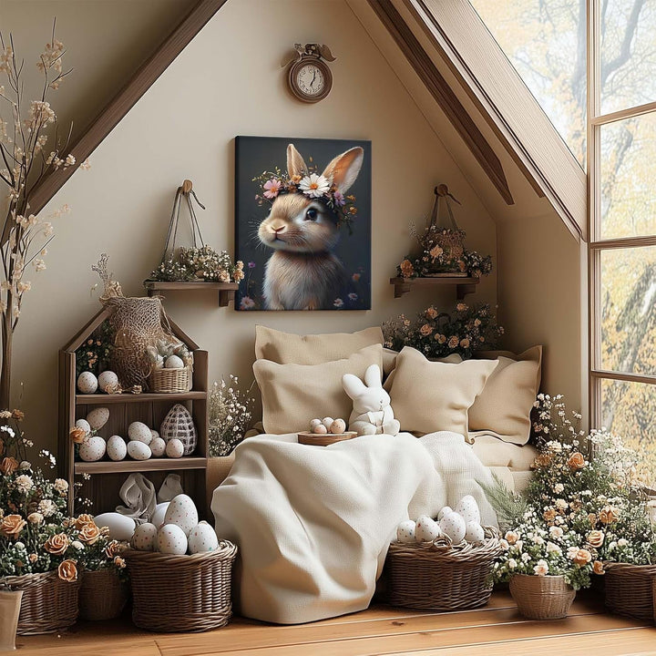 Easter Rabbit Framed Canvas Wall Art, Hare with Flower Crown Oil Painting Home Decor, Nature-Inspired Wall Decor Stunning Lovable Bunny Canvas Prints