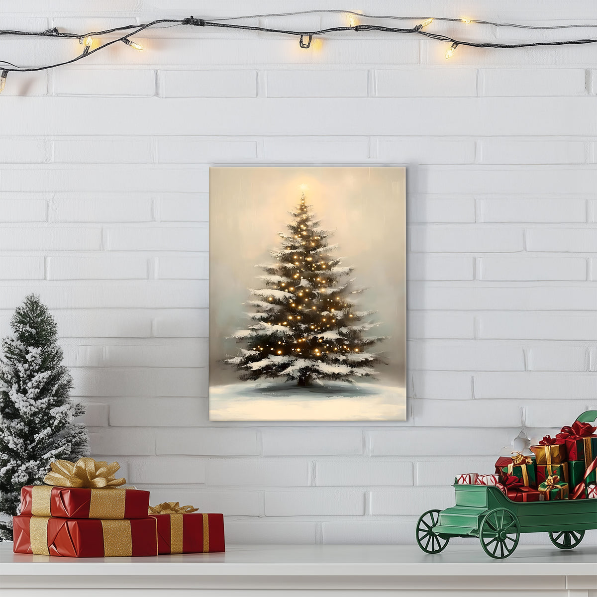 Snowy Christmas Tree Canvas Wall Art, Warm Holiday Tree Artwork with Lights for Living Room, Bedroom and Entryway