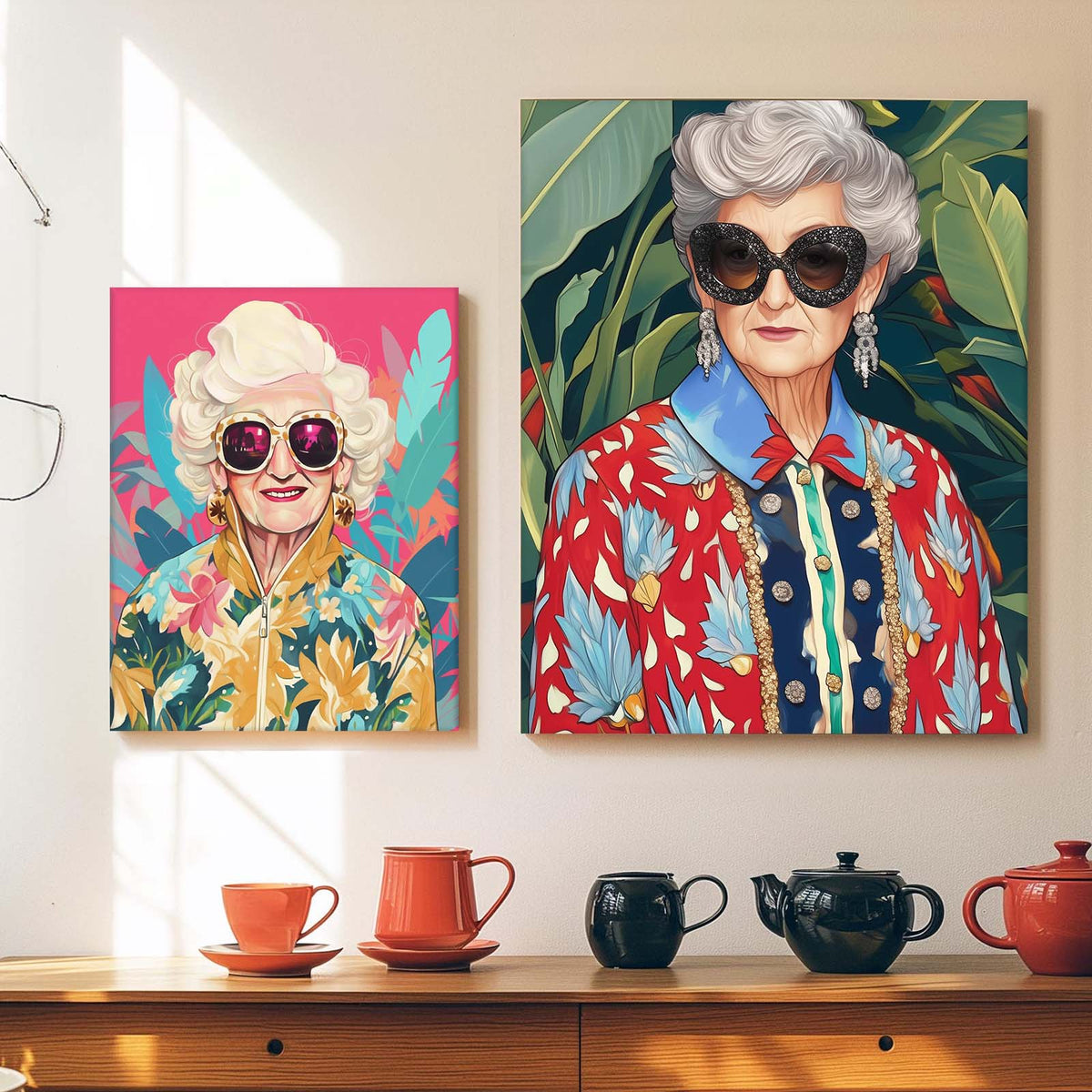 Pop Art Grandma with Pink Sunglasses Colorful Fashion Portrait Wall Art