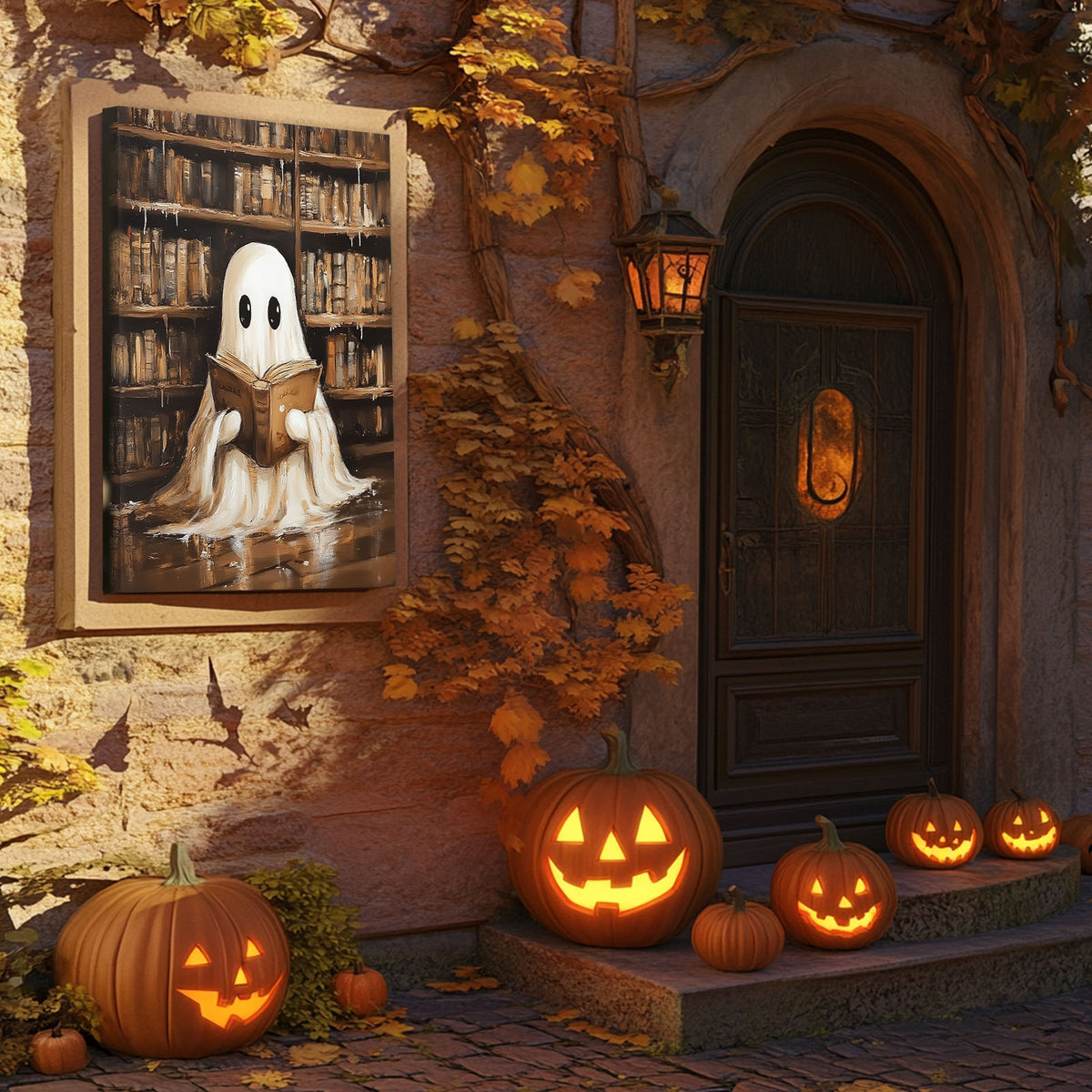 Cute Ghost Reading in the Library Whimsical Halloween Storybook Illustration Wall Art
