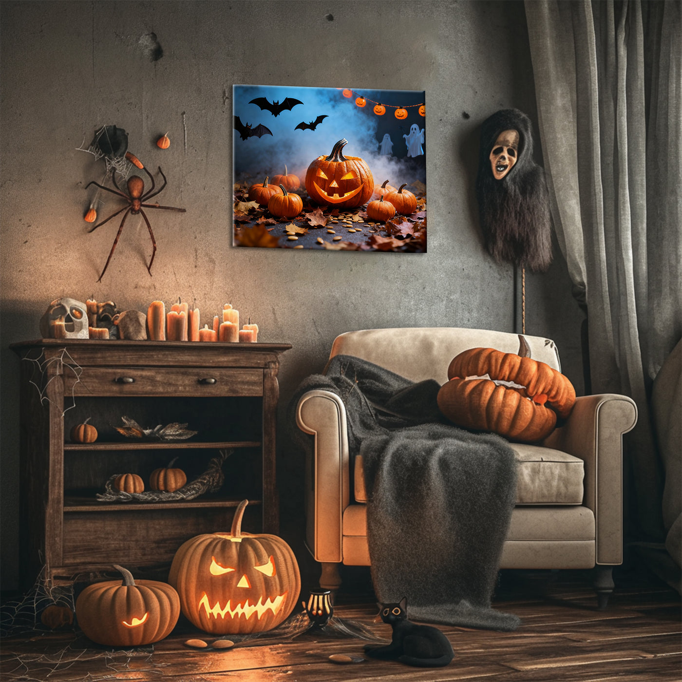 Pumpkin Patch Halloween Canvas Wall Art, Bats and Ghosts Decor