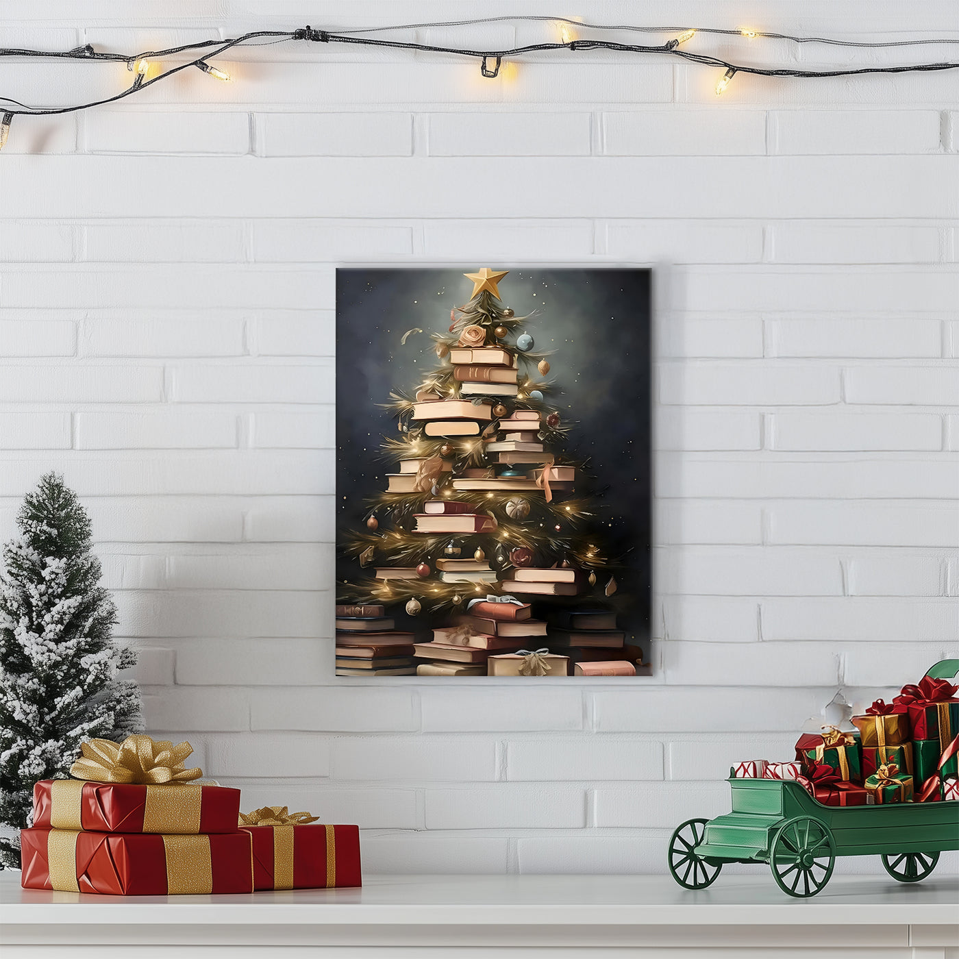 Book Lover Christmas Tree Canvas Wall Art, Stacked Books Holiday Decor for Home Library and Reading Room
