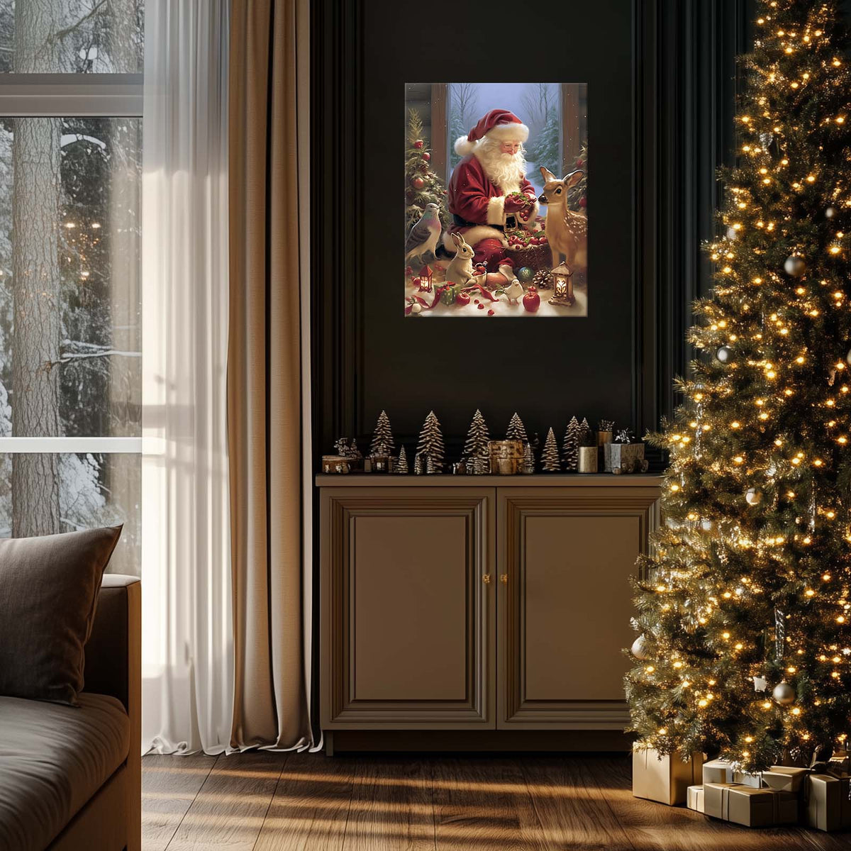 Santa Claus with Woodland Animals Christmas Canvas Wall Art, Whimsical Holiday Decor for Living Room and Nursery