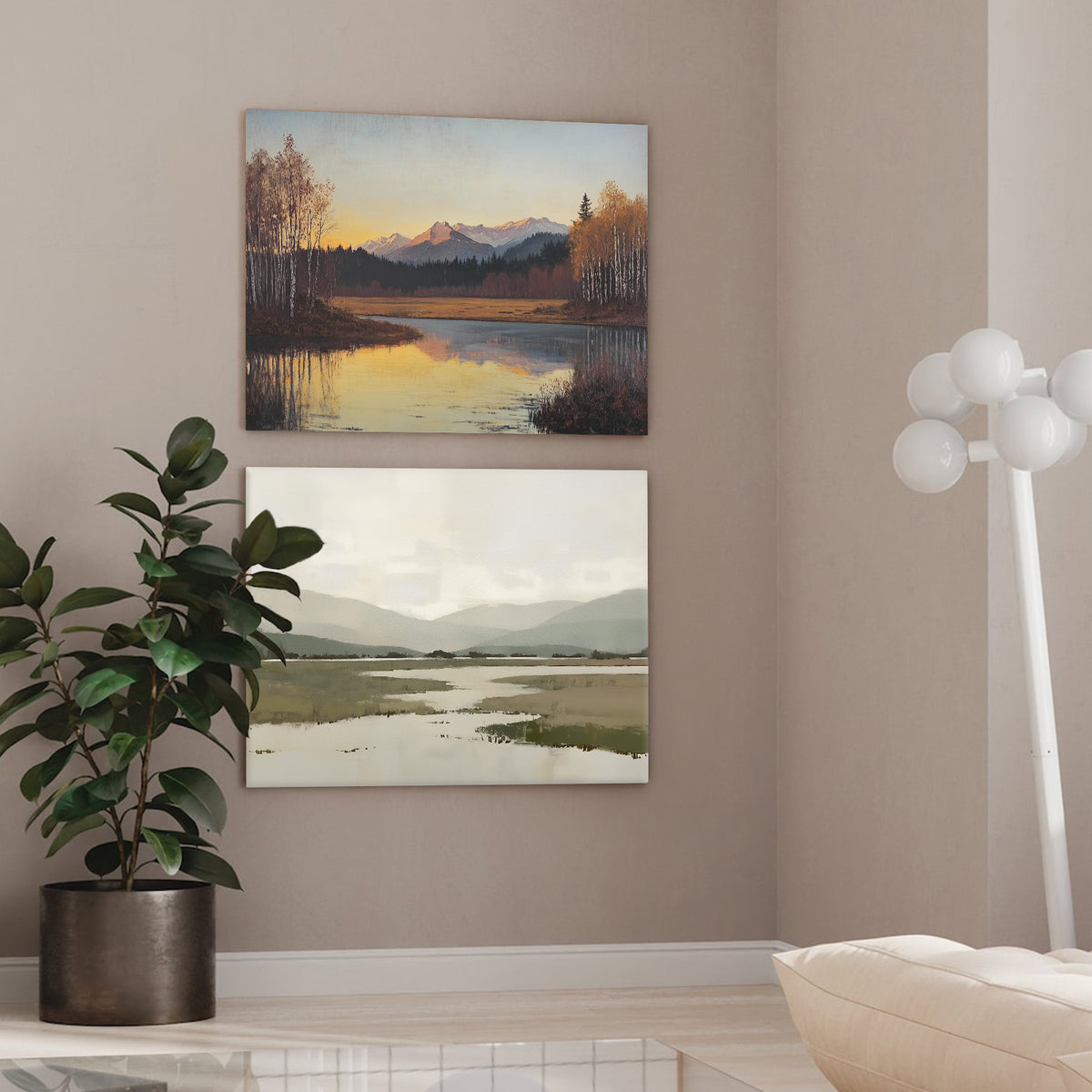 Misty Mountain Lake Minimalist Soft-Tone Landscape Painting Wall Art