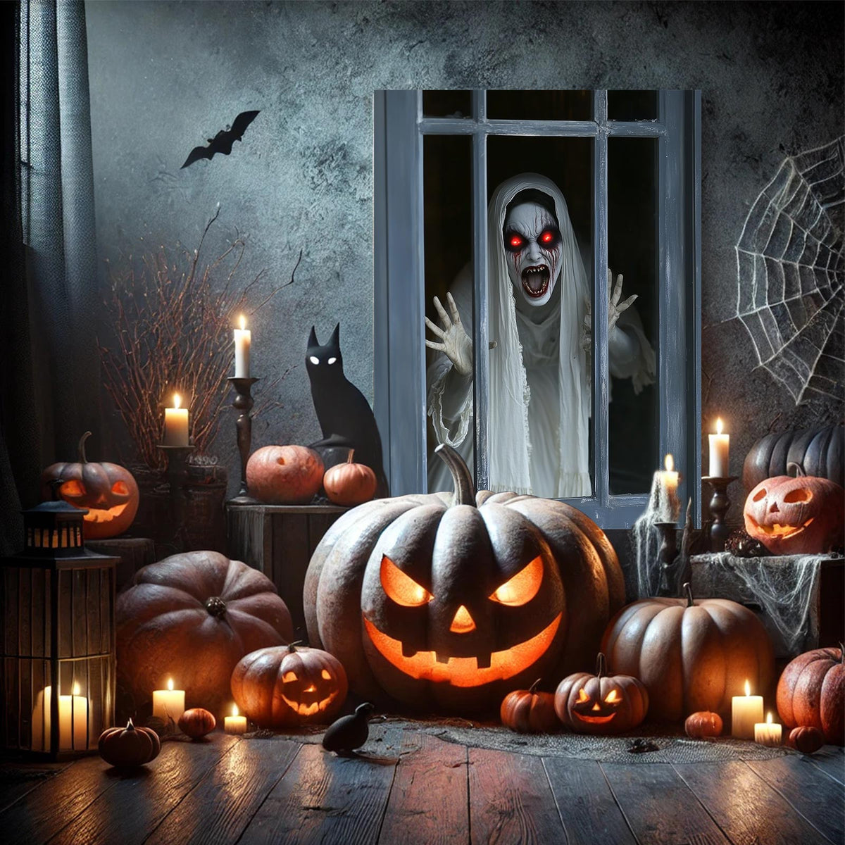 Haunted Ghost at the Window Canvas Wall Art – Scary Halloween Horror Home Decor