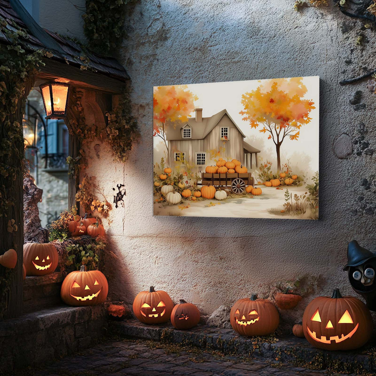 Autumn Pumpkin Farmhouse Charming Rustic Fall Harvest Illustration Wall Art