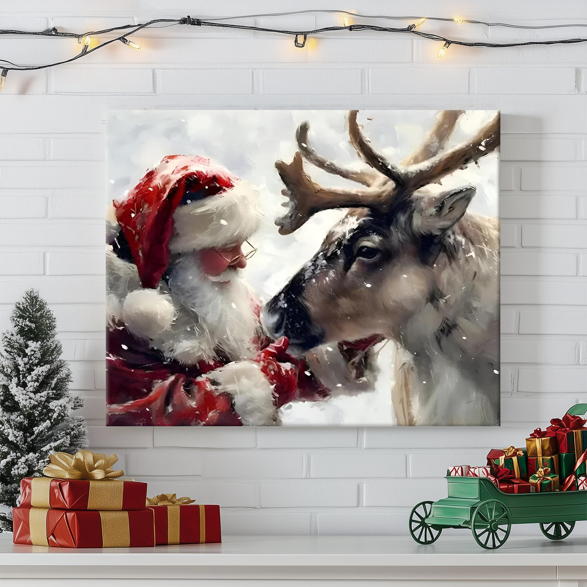Santa Claus and Reindeer Christmas Canvas Wall Art, Winter Wonderland Holiday Wall Decor for Living Room, Bedroom and Entryway