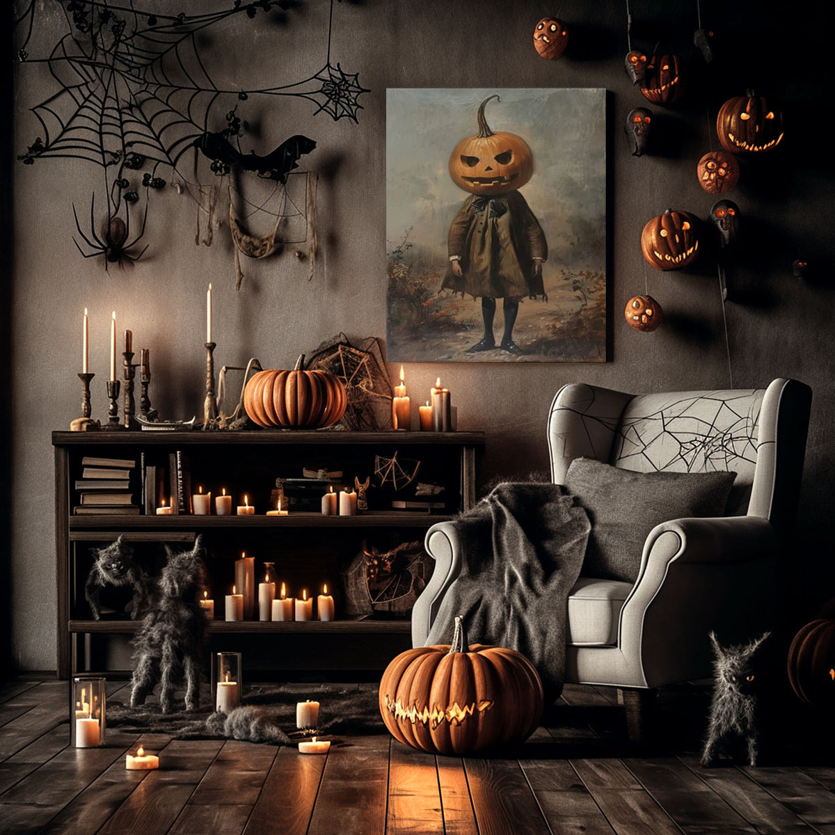 Vintage Gothic Pumpkin Head Halloween Painting Head Scarecrow Wall Art
