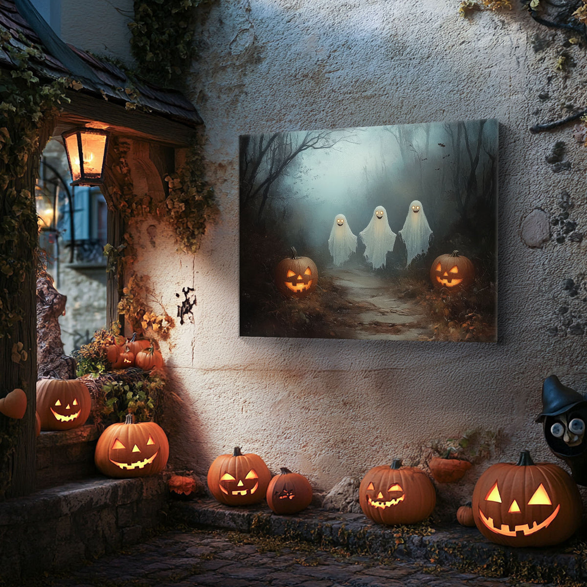 Three Friendly Ghosts Whimsical Haunted Forest Illustration Halloween Wall Art