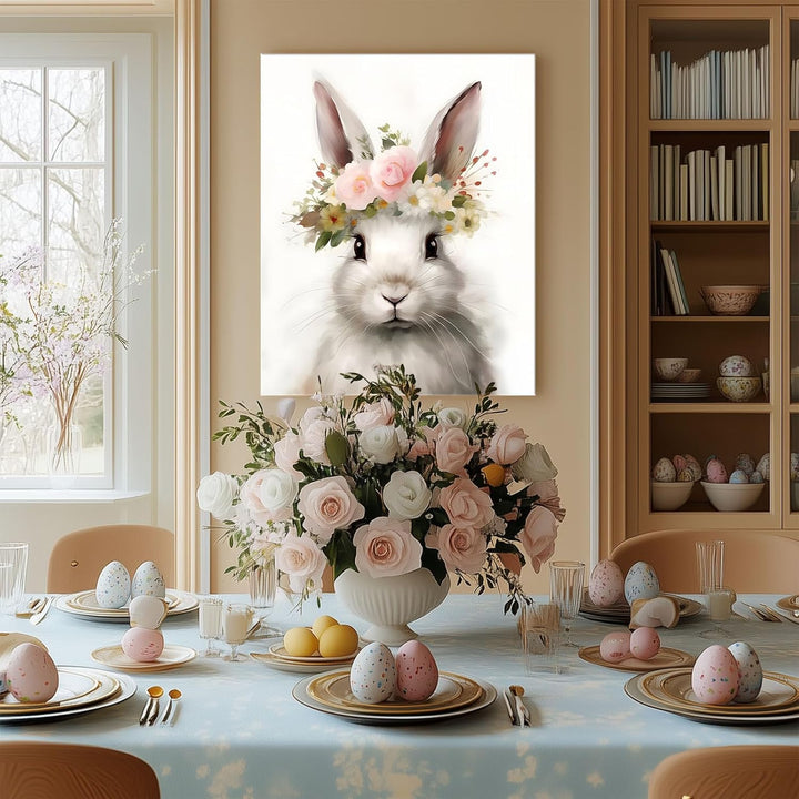 Easter Bunny Canvas Wall Art, Floral Bunny Farmhouse Decor Print Oil Painting Spring Aesthetic Artwork, Rustic Easter Charm Holiday Gift Bedroom Living Room Decoration