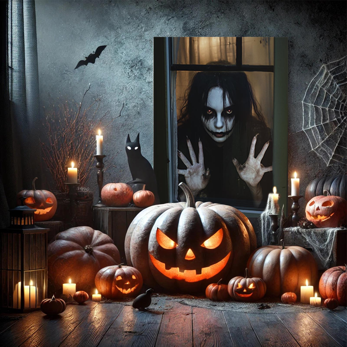 Haunted Girl at the Window Canvas Wall Art – Dark Halloween Horror Home Decor