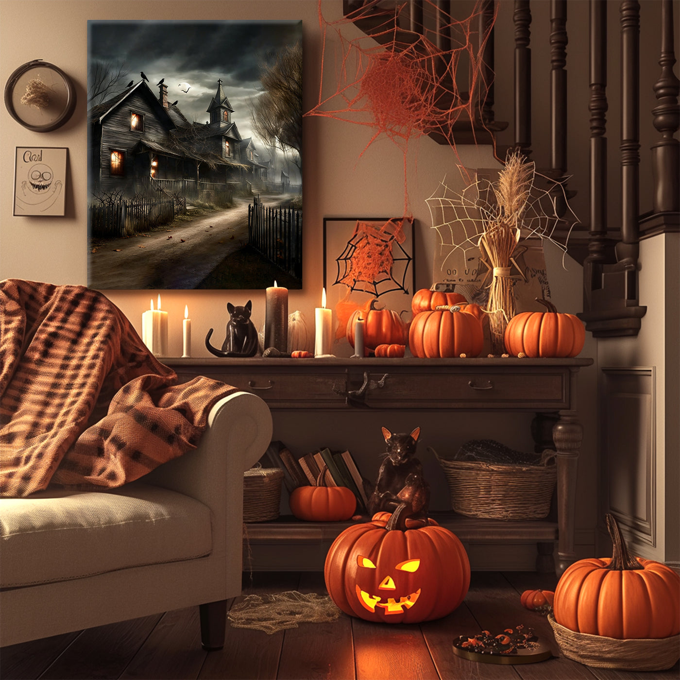 Shadowy Halloween Village Street Canvas Wall Art
