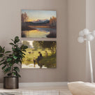 Mother and Child by the Pastoral Pond Nostalgic Impressionist Countryside Painting Wall Art
