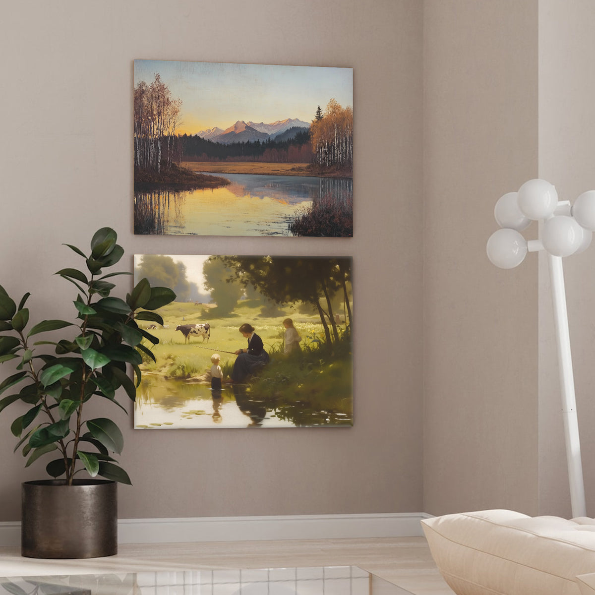 Mother and Child by the Pastoral Pond Nostalgic Impressionist Countryside Painting Wall Art