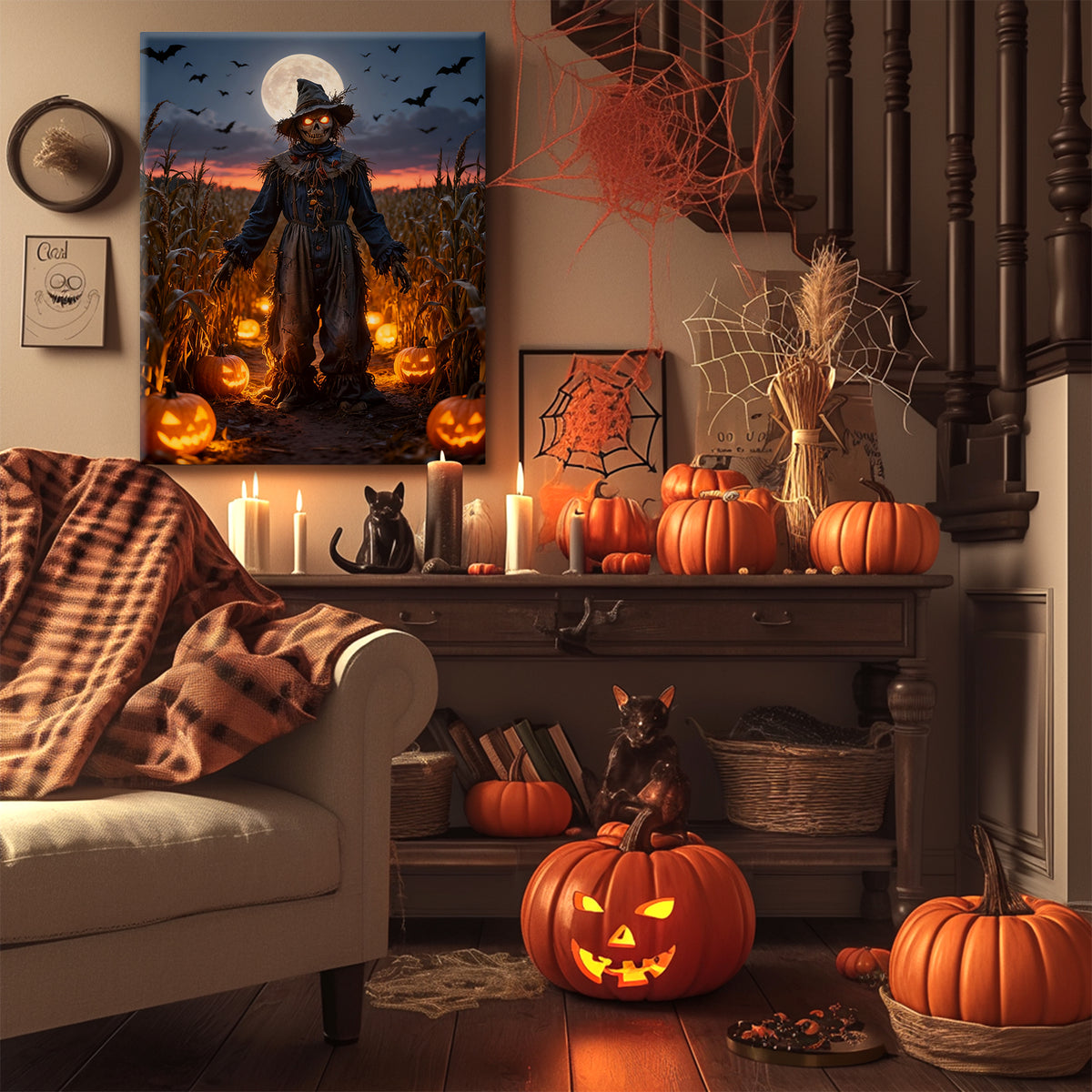 Moonlit Pumpkin Field Scarecrow Halloween Canvas Wall Art