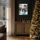 Cute Snowman Christmas Canvas Wall Art, Snowy Holiday House with Wreath and Lantern Decor