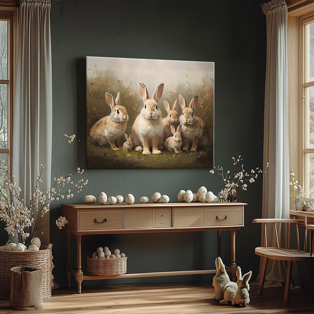 Easter Grassland Rabbits Canvas Wall Art Adorable Hares Oil Painting Home Decor, Nature-Inspired Wall Decor Stunning Lovable Bunny Canvas Prints