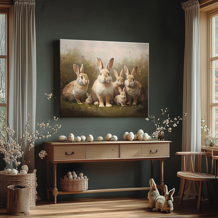 Easter Grassland Rabbits Canvas Wall Art Adorable Hares Oil Painting Home Decor, Nature-Inspired Wall Decor Stunning Lovable Bunny Canvas Prints
