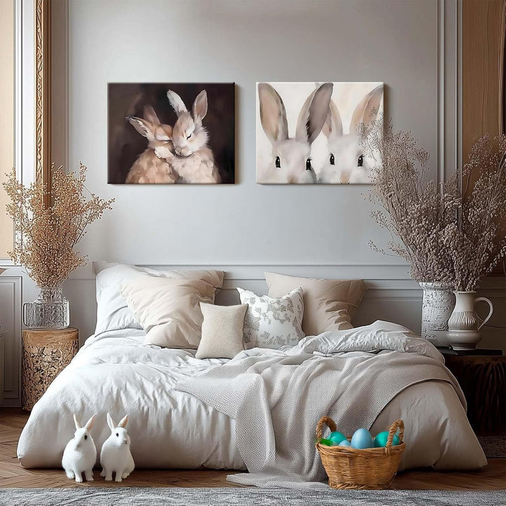 Rustic Easter Bunny Canvas Wall Art, Bunny Farmhouse Home Decor Print Painting Spring Aesthetic Artwork, Modern Easter Charm Holiday Gift Nursery Living Room Decoration