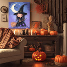 Little Witch Under the Crescent Moon Halloween Canvas Wall Art