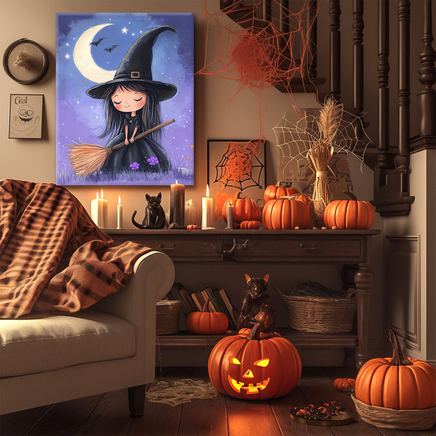 Little Witch Under the Crescent Moon Halloween Canvas Wall Art