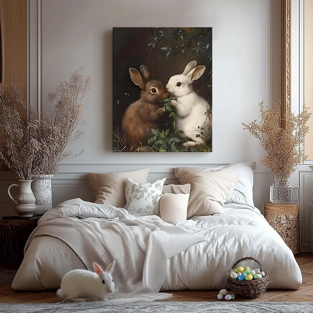 Easter Rabbits Canvas Wall Art, Adorable Hares Eating Leaves Oil Painting Home Decor, Nature-Inspired Wall Decor Stunning Lovable Bunny Canvas Prints for Living Room