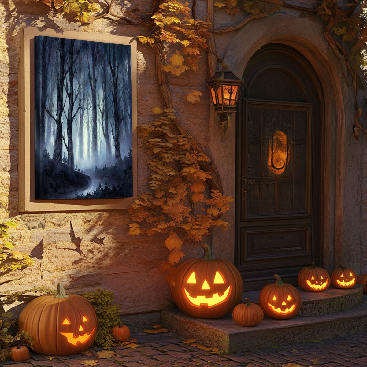 Haunted Misty Dark Forest Illustration Halloween Wall Art