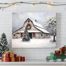 Christmas Farmhouse Barn Canvas Wall Art, Snowy Country Barn with Christmas Tree and Wreath Holiday Decor