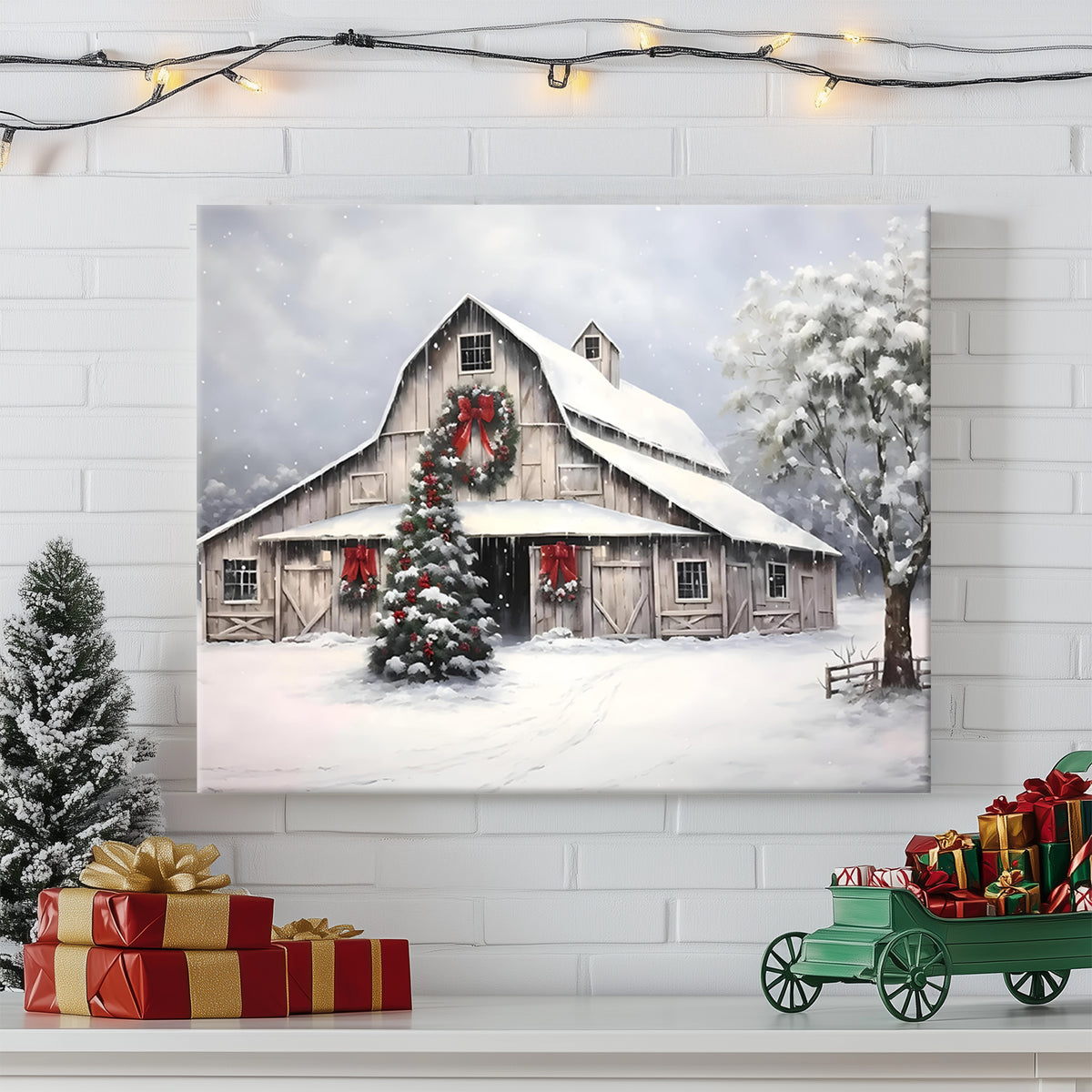 Christmas Farmhouse Barn Canvas Wall Art, Snowy Country Barn with Christmas Tree and Wreath Holiday Decor