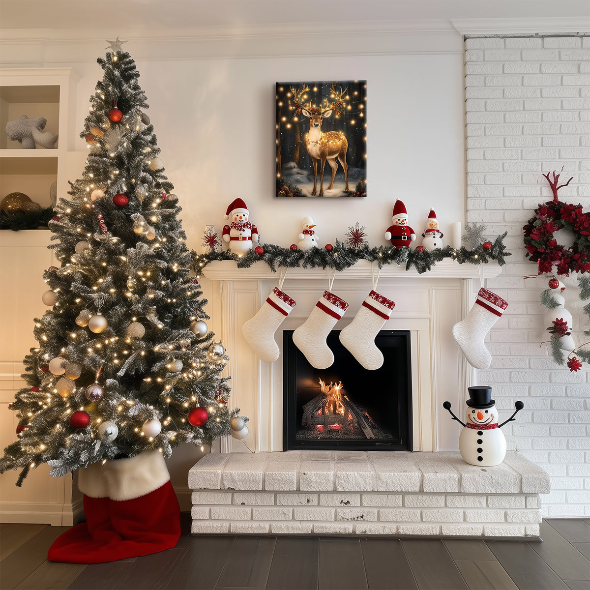 Christmas Reindeer Canvas Wall Art with Lights, Enchanted Winter Forest Holiday Decor for Living Room and Bedroom
