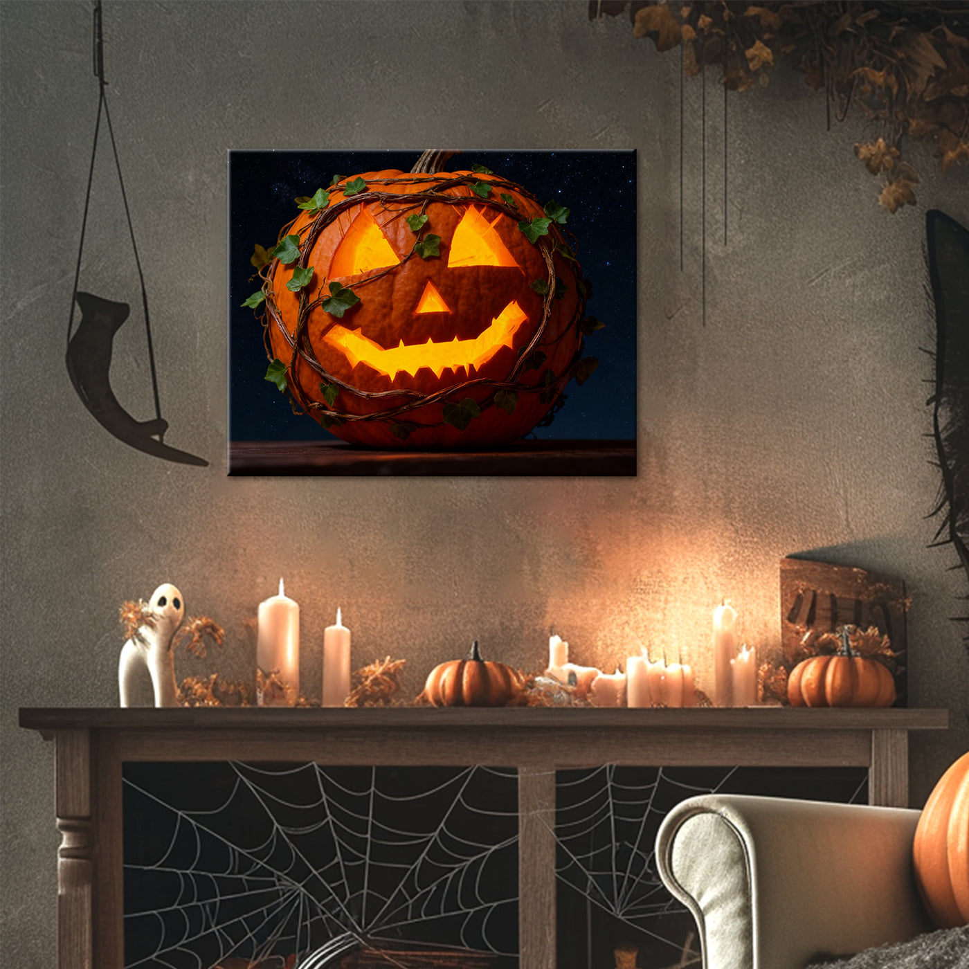 Vine-Wrapped Jack-o’-Lantern Halloween Canvas Wall Art