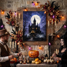 Gothic Castle and Bats Halloween Canvas Wall Art, Dark Fantasy Fall Decor for Living Room, Bedroom and Office