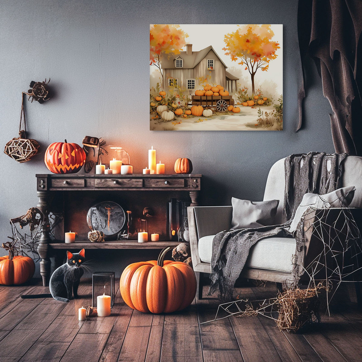 Autumn Pumpkin Farmhouse Charming Rustic Fall Harvest Illustration Wall Art