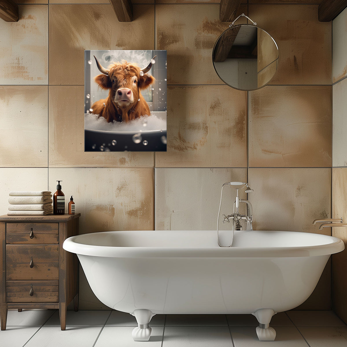 Highland Cow in the Bathtub Whimsical Surreal Animal Illustration Wall Art