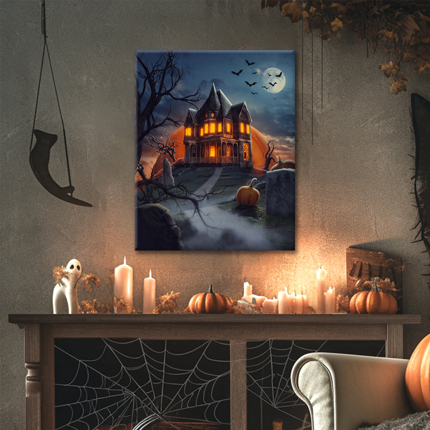 Ghostly Pumpkin Manor Halloween Canvas Wall Art