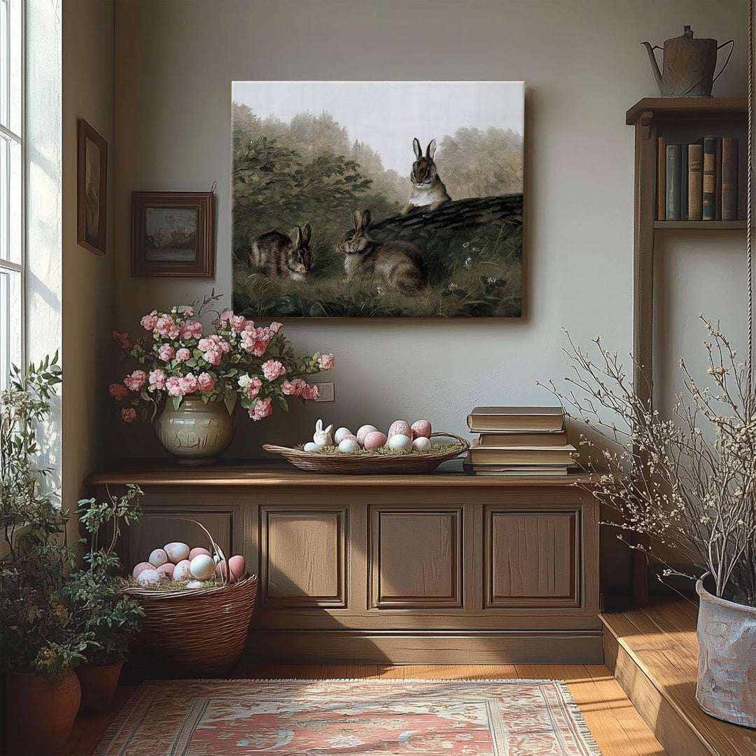 Easter Rabbits Framed Canvas Wall Art, Adorable 4 Hares Cave Oil Painting Home Decor, Nature-Inspired Wall Decor Stunning Lovable Bunny Canvas Prints for Living Room