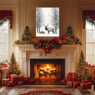 Christmas Elk and Sleigh Canvas Wall Art, Snowy Forest Wildlife Artwork with Gifts for Holiday Decor