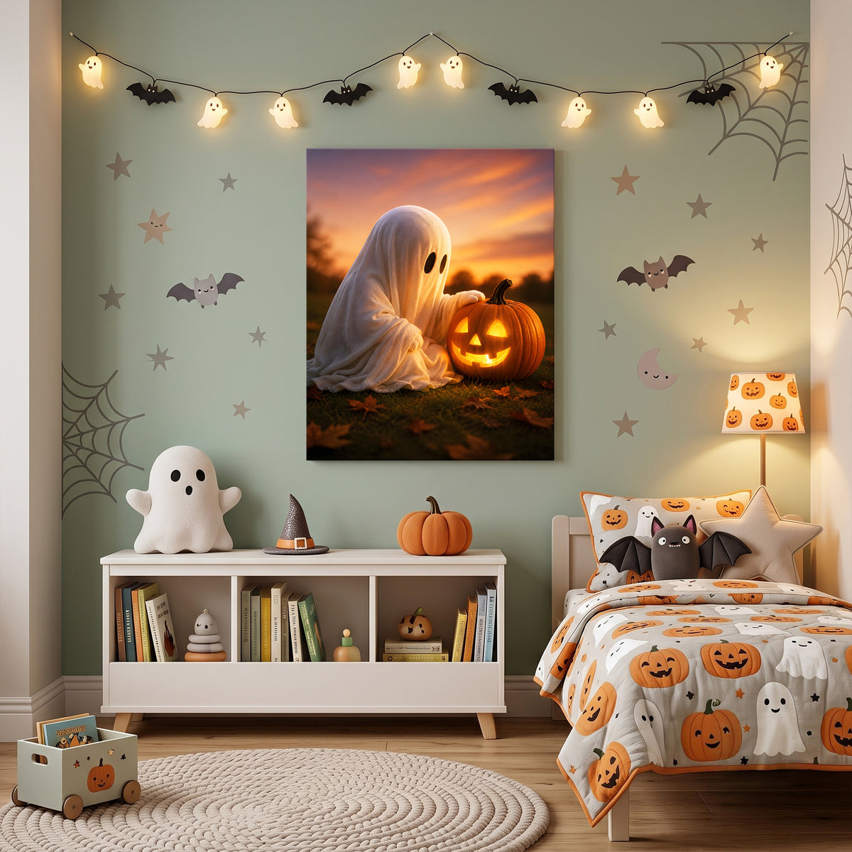 Little Ghosts & Candlelight Halloween Canvas Wall Art for Kids
