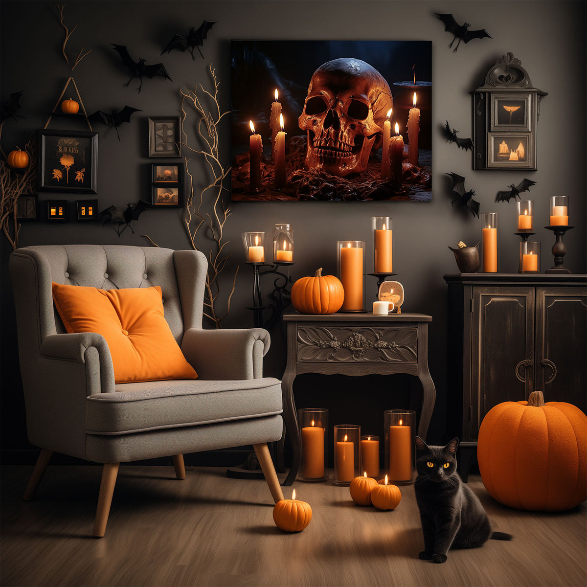 Skull and Candle Dark Gothic Horror Still Life Painting Halloween Wall Art