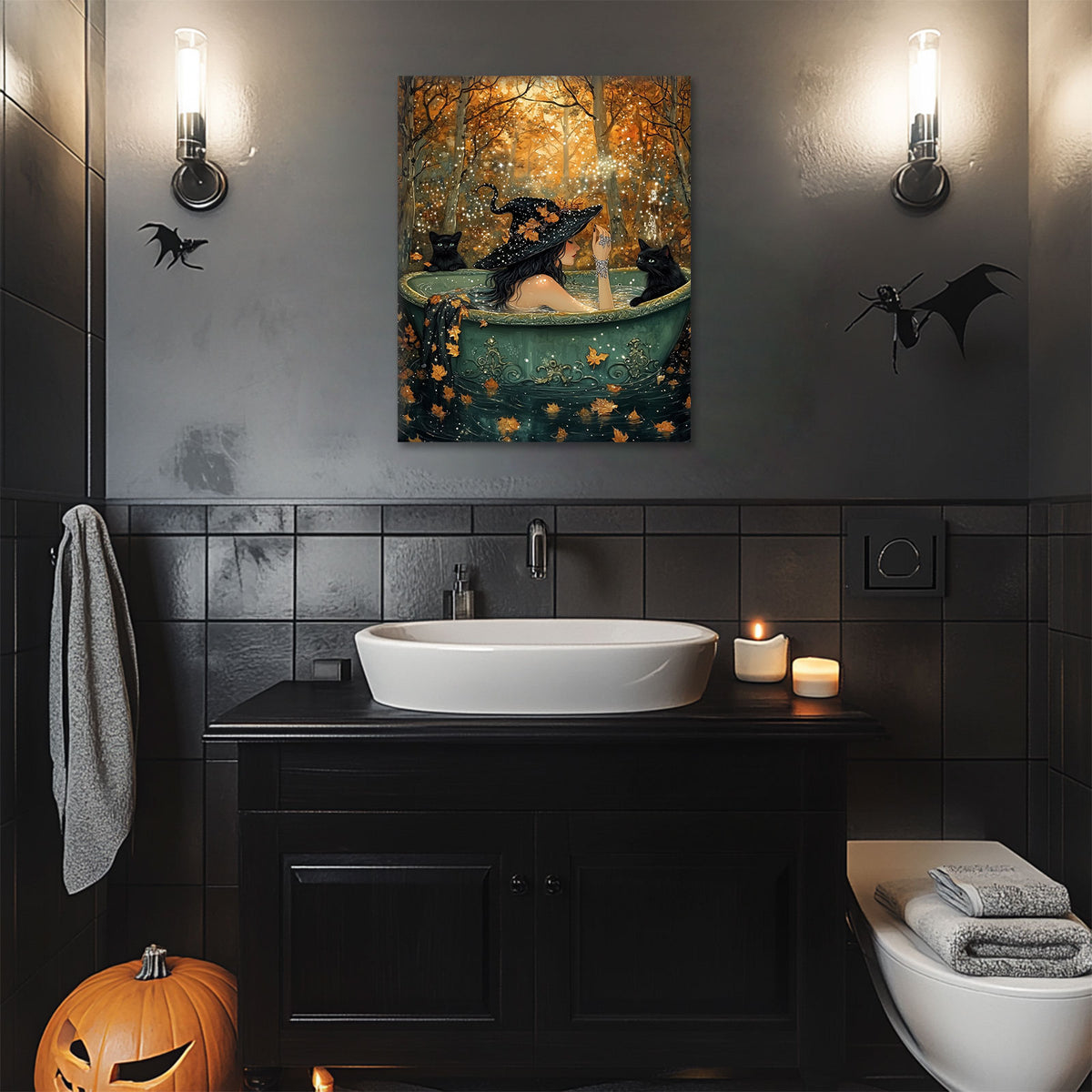 Witch in the Enchanted Forest Canvas Wall Art – Witch Hat, Black Cats and Autumn Magic Decor