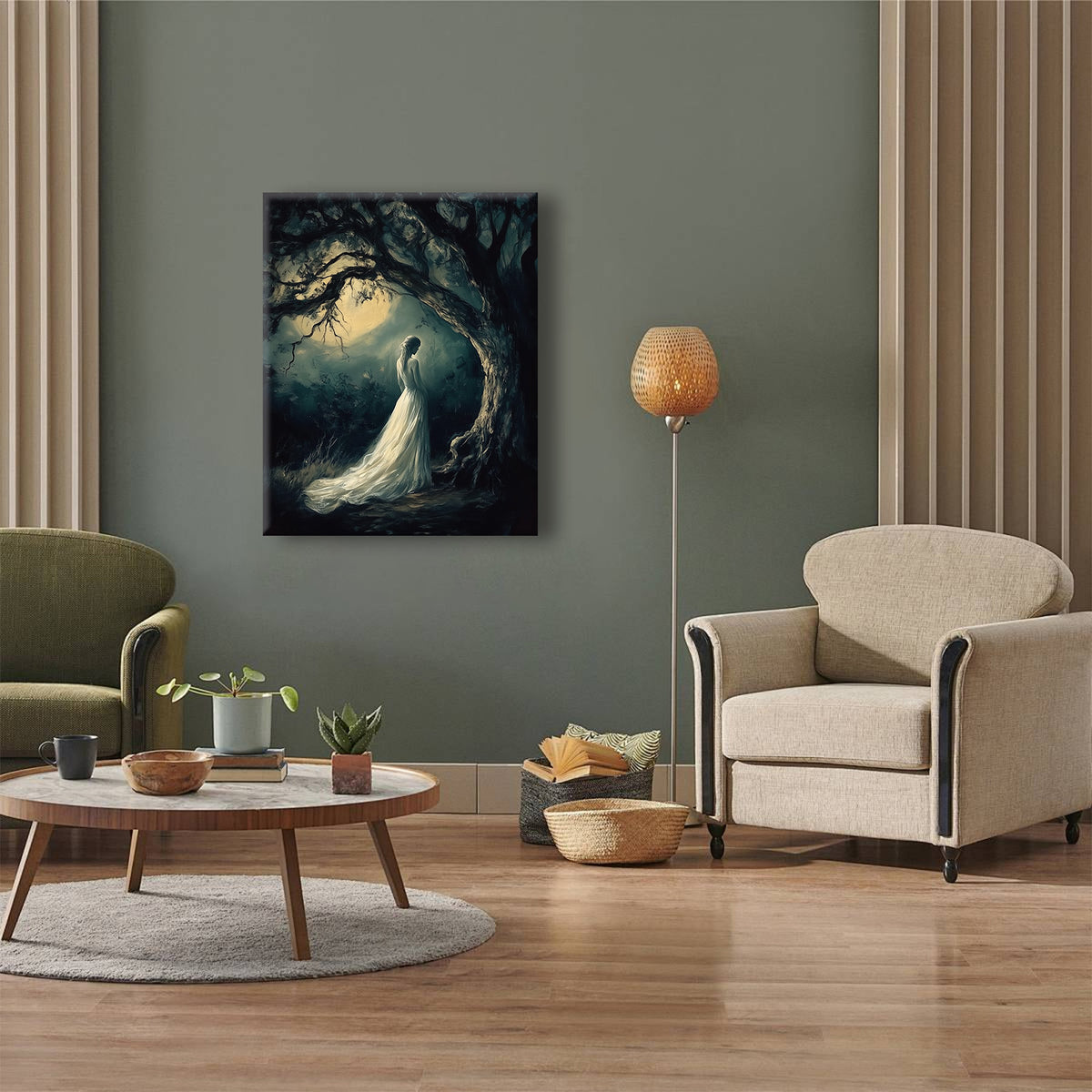 Dark Romantic Fantasy Painting Ghostly Woman in the Enchanted Forest Wall Art