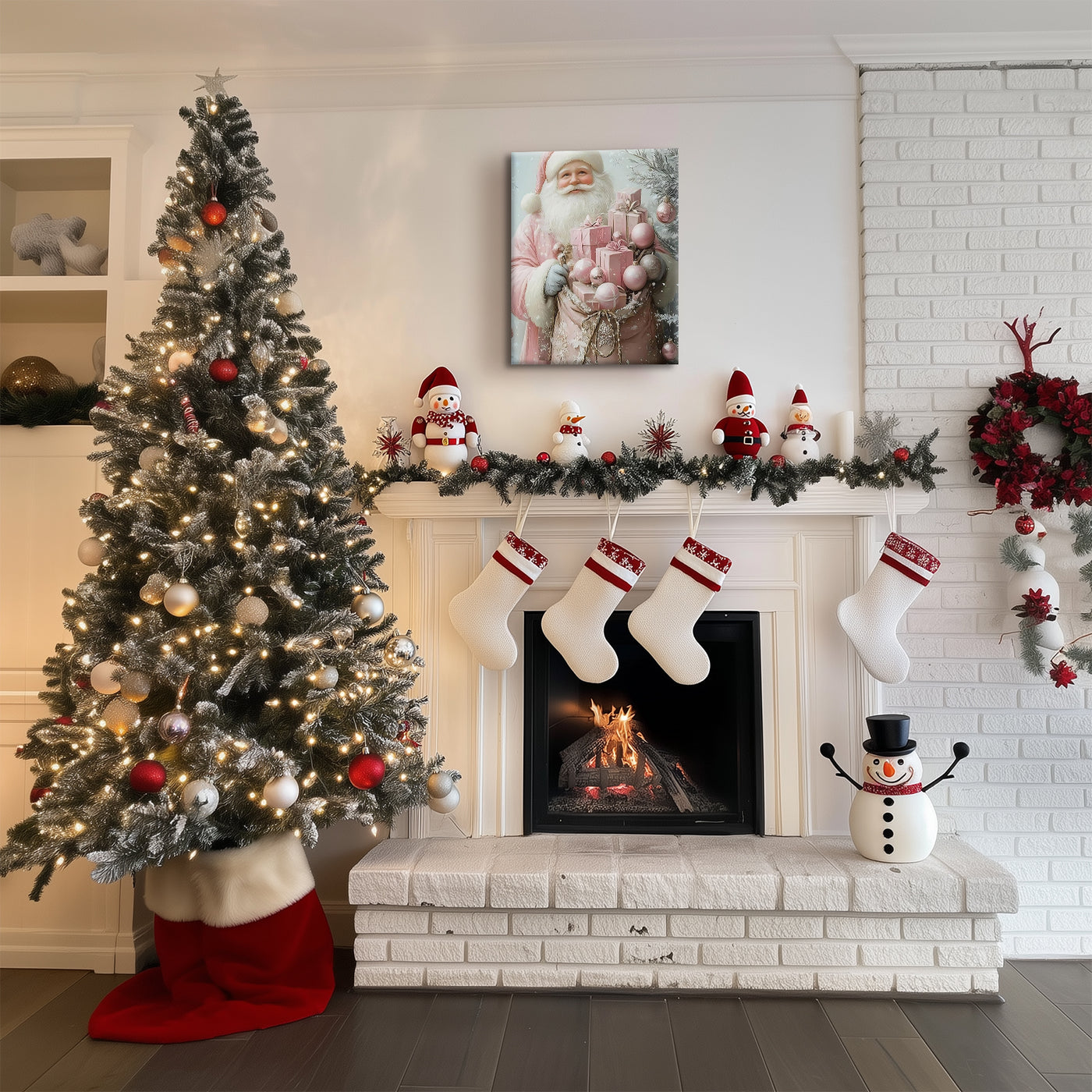 Pink Santa Claus Christmas Canvas Wall Art with Gifts, Whimsical Holiday Decor for Bedroom, Living Room and Nursery
