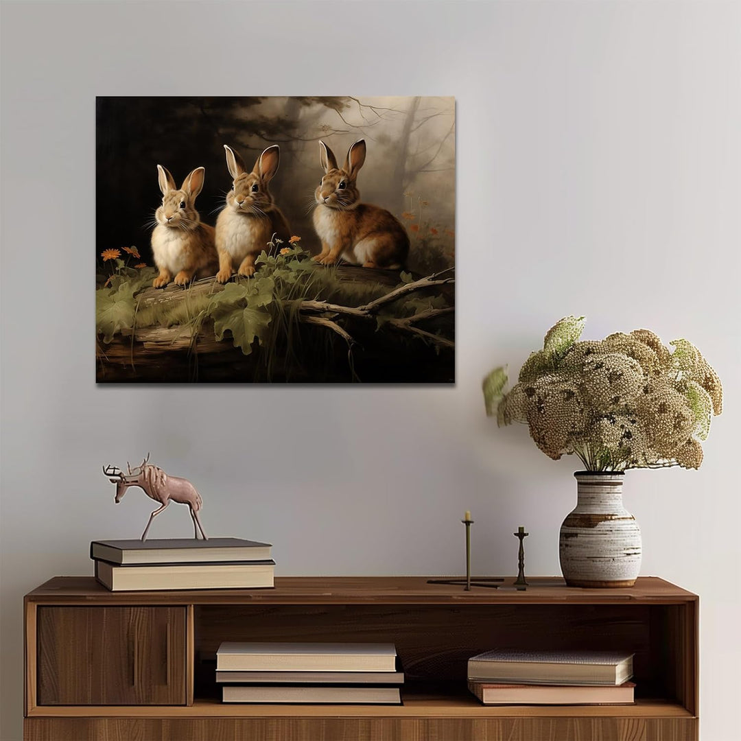Easter Woodland Rabbits Canvas Wall Art, Adorable Hares Oil Painting Home Décor, Nature-Inspired Wall Decor, Stunning Canvas Prints