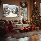 Snowman Christmas Village Canvas Wall Art, Snowy Holiday Town with Wreaths and Lights Decor