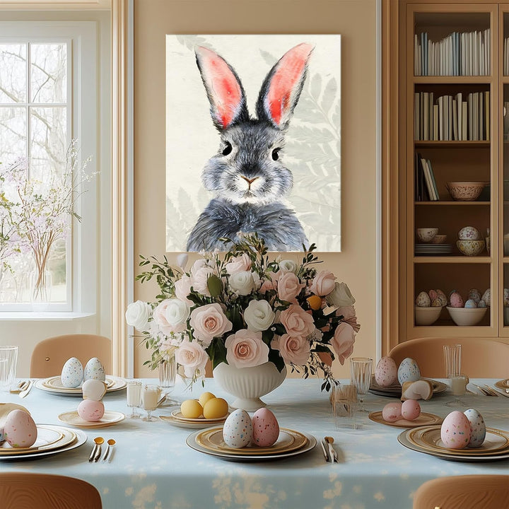 Rustic Easter Bunny Canvas Wall Art, Plants Background Farmhouse Decor Retro Print Painting Spring Aesthetic Artwork, Holiday Gift Bedroom Living Room Decoration